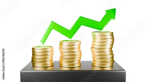 Fototapeta stacks of coins representing financial growth,indicated by a green upward arrow