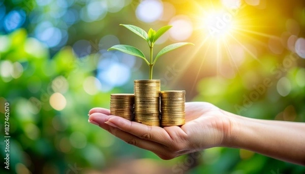 Obraz A hand holds stacks of gold coins with a small green plant growing from the top coin bathed in sunlight