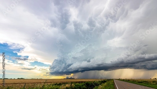 Obraz A dramatic textured cumulonimbus storm cloud formation over a flat rural landscape and straight asphalt road
