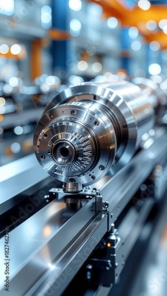 Obraz Precision machined metallic component on a conveyor system within a brightly lit factory