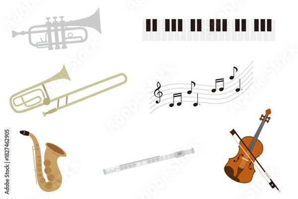Obraz 楽器のイラストセット／トランペット・トロンボーン・サックス・フルート・バイオリン・鍵盤・音符