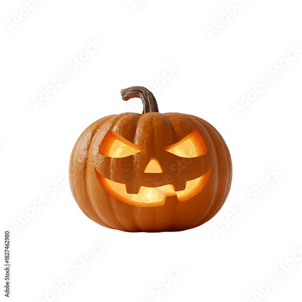 Obraz Spooky carved halloween pumpkin with a glowing orange light inside isolated on transparent background