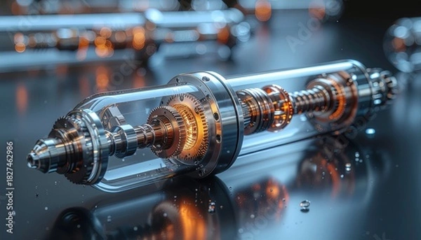 Obraz Detailed view of complex mechanical engine gears and pistons inside a transparent cylindrical casing glowing orange