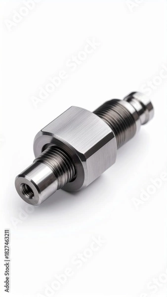 Obraz Precision engineered metal industrial component with detailed threads and hex nut on white background
