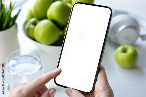 Obraz Female hands holding phone with isolated screen background green apples