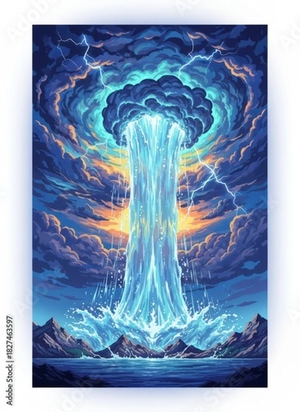 Fototapeta A powerful waterfall crashes into the ocean under a stormy sky with lightning