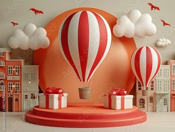 Fototapeta Christmas Flat-lay 3D Render with Snowman, Red Gift Boxes and Golden Bows