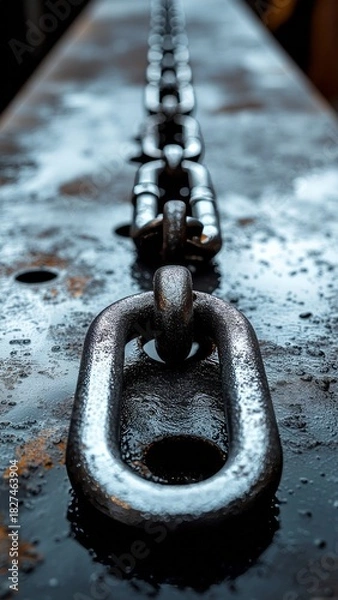 Obraz Close up wet dark metal industrial chain links on a textured surface with puddles