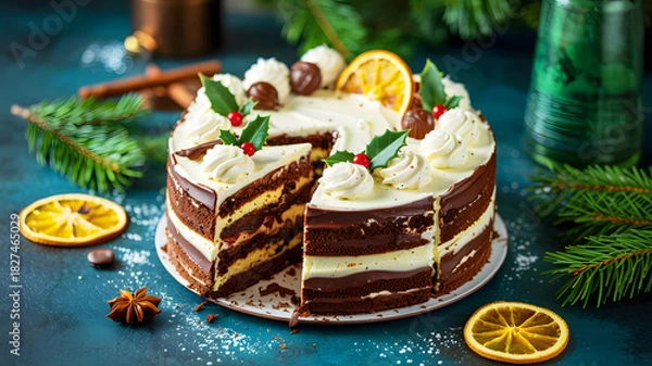 Obraz Delicious chocolate cake with white frosting and orange slices on a festive holiday background