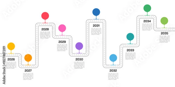Fototapeta Creative Business Roadmap Presentation Template. 10 Steps Journey Infographic. Vector illustration.