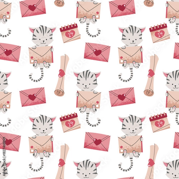 Fototapeta Cute Cat with Love Letter and Hearts Seamless Pattern. Flat Design Valentine's Repeat Background for Gift Wrap, Textile, Wallpaper and Romantic Design
