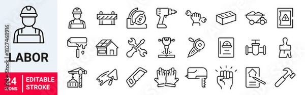 Fototapeta Labor web line editable icon set. Contains icons related to labor, construction, labour day, renovation, and more. Vector illustration.