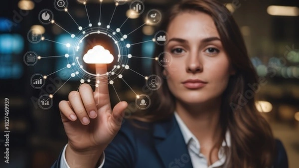 Fototapeta Businesswoman interacts with glowing digital interface representing centralized data storage and network connectivity