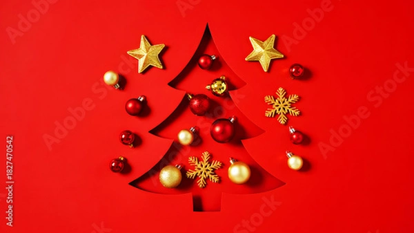Obraz Christmas tree cutout with gold stars snowflakes and red and gold ornaments on a red background