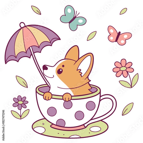 Fototapeta Blooming Renewal colored Corgi with a Playful touch, placed in a Spring theme and styled with in a teacup