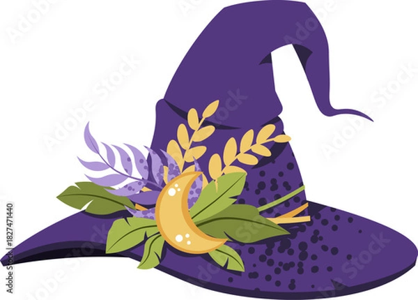 Fototapeta Witch Hat with Botanical Leaves Flat Vector Illustration Isolated on White. Magic Ritual Item for Halloween Stickers, Party Decor, Spell Book Designs, and Mystic Branding. Traditional witch clothing