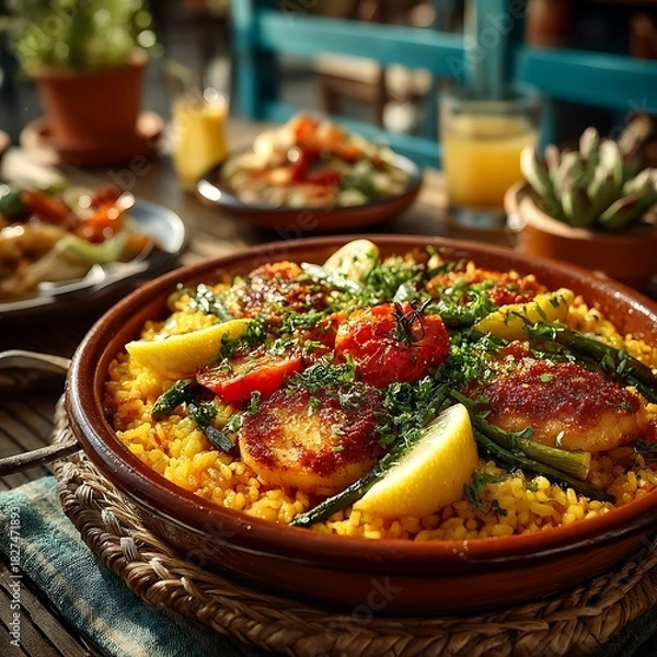 Obraz Traditional paella with red peppers high resolution picture