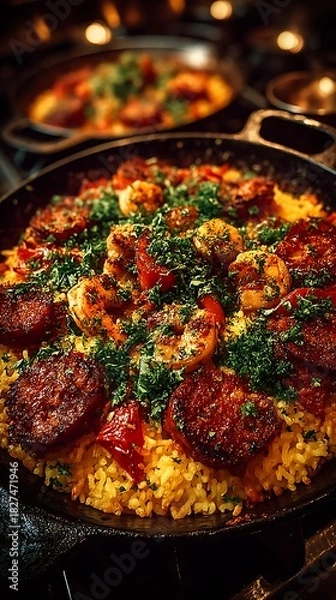 Obraz Traditional paella with chicken chorizo high resolution picture