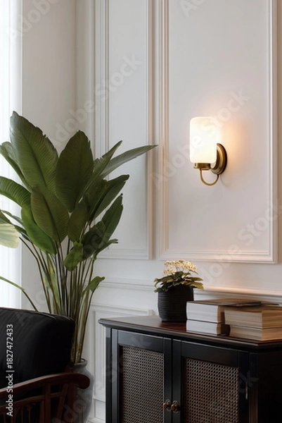 Obraz Elegant Interior with Wall Sconce and Greenery