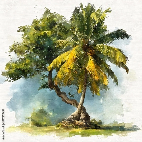 Obraz Tropical seaside coconut palm watercolor high resolution picture