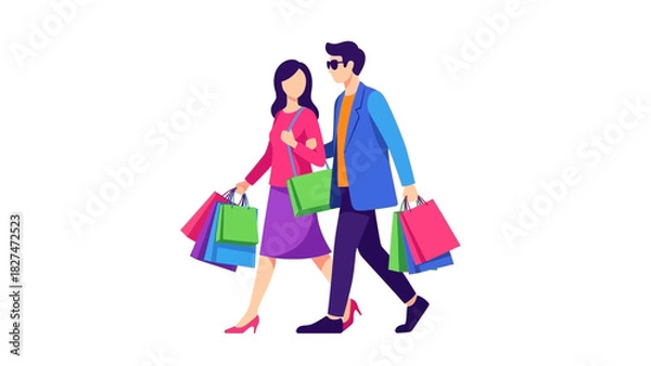 Fototapeta Stylish couple enjoying a shopping spree with colorful bags, depicting modern lifestyle and retail therapy, perfect for advertising and promotional materials
