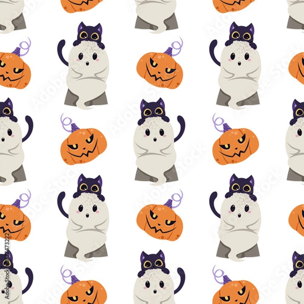 Obraz Cute Ghost with Black Cat and Pumpkin Seamless Pattern. Halloween Repeat Background for Textile, Gift Wrap, Party Decor, Scrapbooking and Festive Design