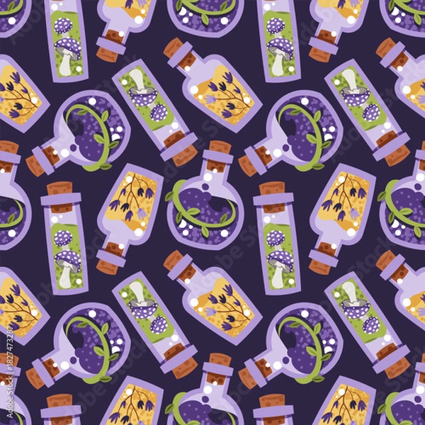 Fototapeta Magical Potion Bottles Seamless Pattern with Elixirs, Spell Jars and Mystic Ingredients. Occult Halloween Background for Gift Wrap, Textile, Wallpaper Design and Magic Branding