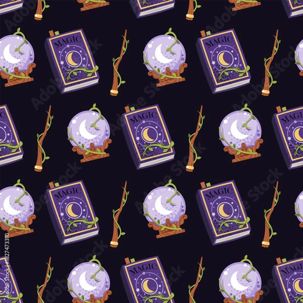 Fototapeta Mystic Witchcraft Seamless Pattern with Crystal Ball, Spellbook and Magic Wand. Enchanted Background for Occult Gift Wrap, Halloween Textile, Magic Wallpaper and Wizardry Design