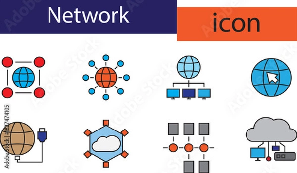 Fototapeta Colorful network web icon set line art vector design. connection, communication, technology, internet and more icon design