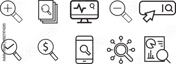 Fototapeta Search web icon set in line style. vector line art of magnifying glass, data analysis, digital marketing, investigation, find and more