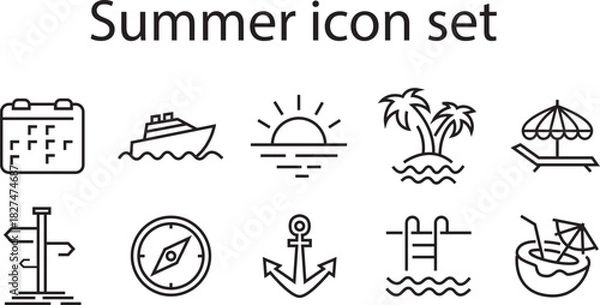 Fototapeta Summer  set line art icon. vector linear art of beach, travel, sunset, boat, relax etc