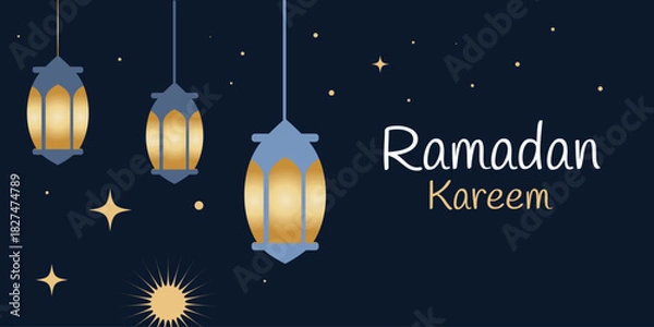 Obraz Ramadan Kareem greeting banner. Lantern, star, text. Vector illustration