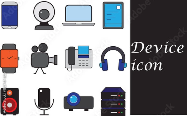 Fototapeta set of devices icon for web design. colorful vector design of mobile, pc, tab, watch, camera, microphone, HDD etc