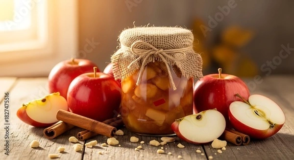 Fototapeta A rustic still-life display featuring a burlap-covered jar containing homemade apple compote, surrounded by fresh red apples, cinnamon sticks, and scattered crumbs