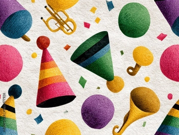 Fototapeta Colorful Party Decorations with Glittery Elements Including Hats, Balloons and Musical Instruments