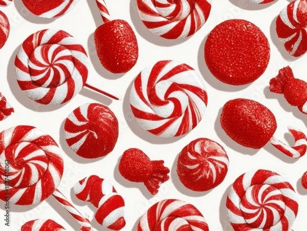 Fototapeta Colorful Red And White Swirled Hard Candies Arranged On A Bright Background