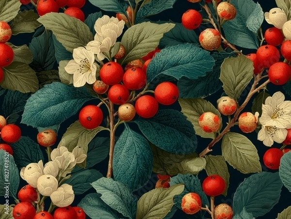 Fototapeta Detailed Floral Pattern Featuring Red Berries White Flowers and Green Leaves on Dark Background