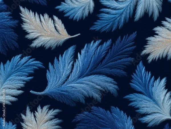 Fototapeta Detailed Frosted Leaves Pattern on Dark Background Evoking a Winter Atmosphere