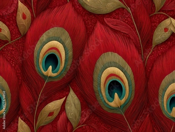 Fototapeta Intricate Peacock Feather Pattern in Rich Red and Gold Tones with Textured Background