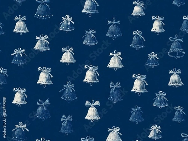 Fototapeta Pattern of White and Blue Bells with Ribbons on Dark Navy Background