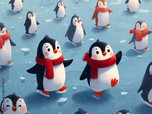 Fototapeta Playful Penguins Wearing Red Scarves Dancing on Icy Surface in Snowy Winter Wonderland