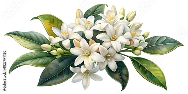 Obraz Lush white orange blossoms with green foliage and delicate buds isolated on transparent background