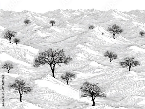Fototapeta Sparse black trees on rolling white hills against a clear sky in a winter landscape