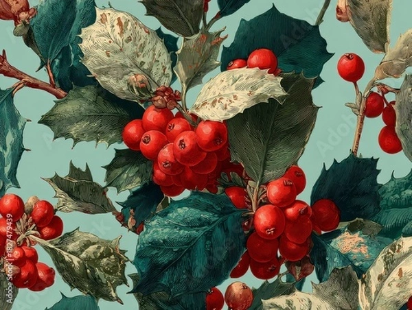 Fototapeta Vibrant Red Berries Surrounded by Green Holly Leaves on a Soft Blue Background