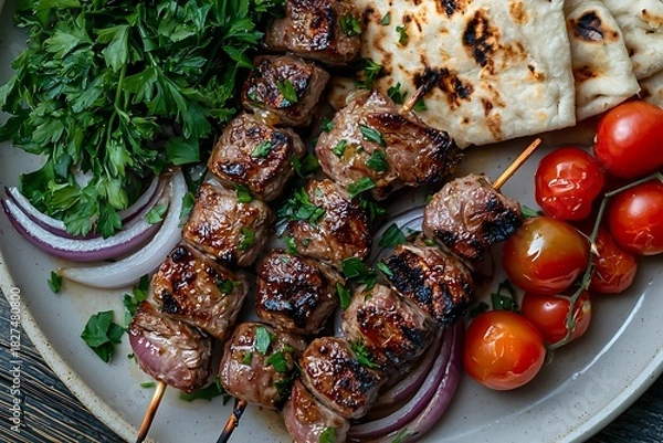 Obraz Juicy Meat Kebabs Plated With Pita Bread high resolution picture