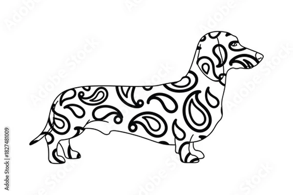 Fototapeta Black and white line art illustration of a dachshund dog with a decorative paisley pattern