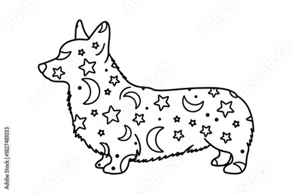 Fototapeta Cute corgi dog with celestial pattern of stars and moons, a charming outline illustration for coloring books or crafts