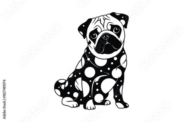 Fototapeta Cute black and white pug dog with polka dot pattern sitting