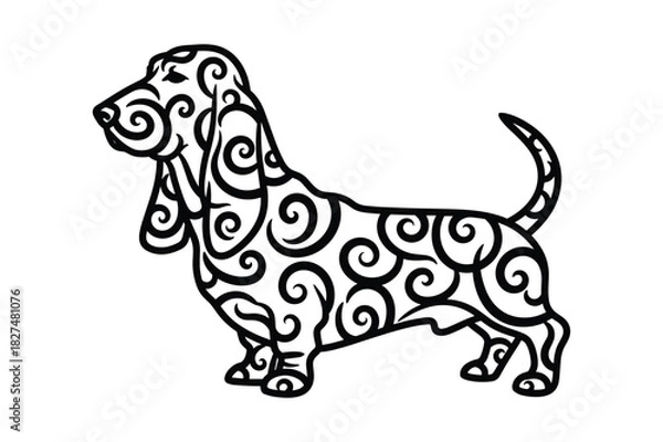 Fototapeta Decorative basset hound dog illustration with intricate swirling patterns, a unique artistic design