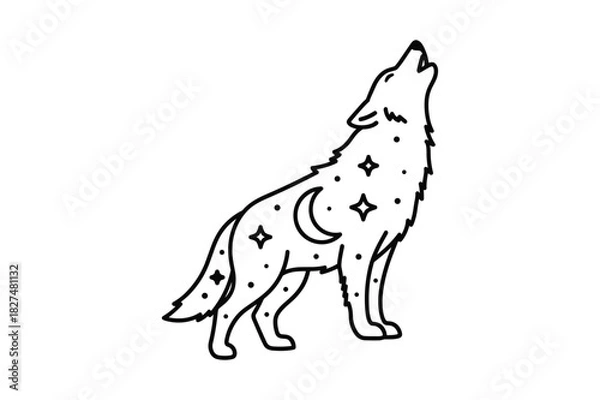 Fototapeta Mystical celestial howling wolf line art illustration with moon and stars, a spiritual animal design for creative projects